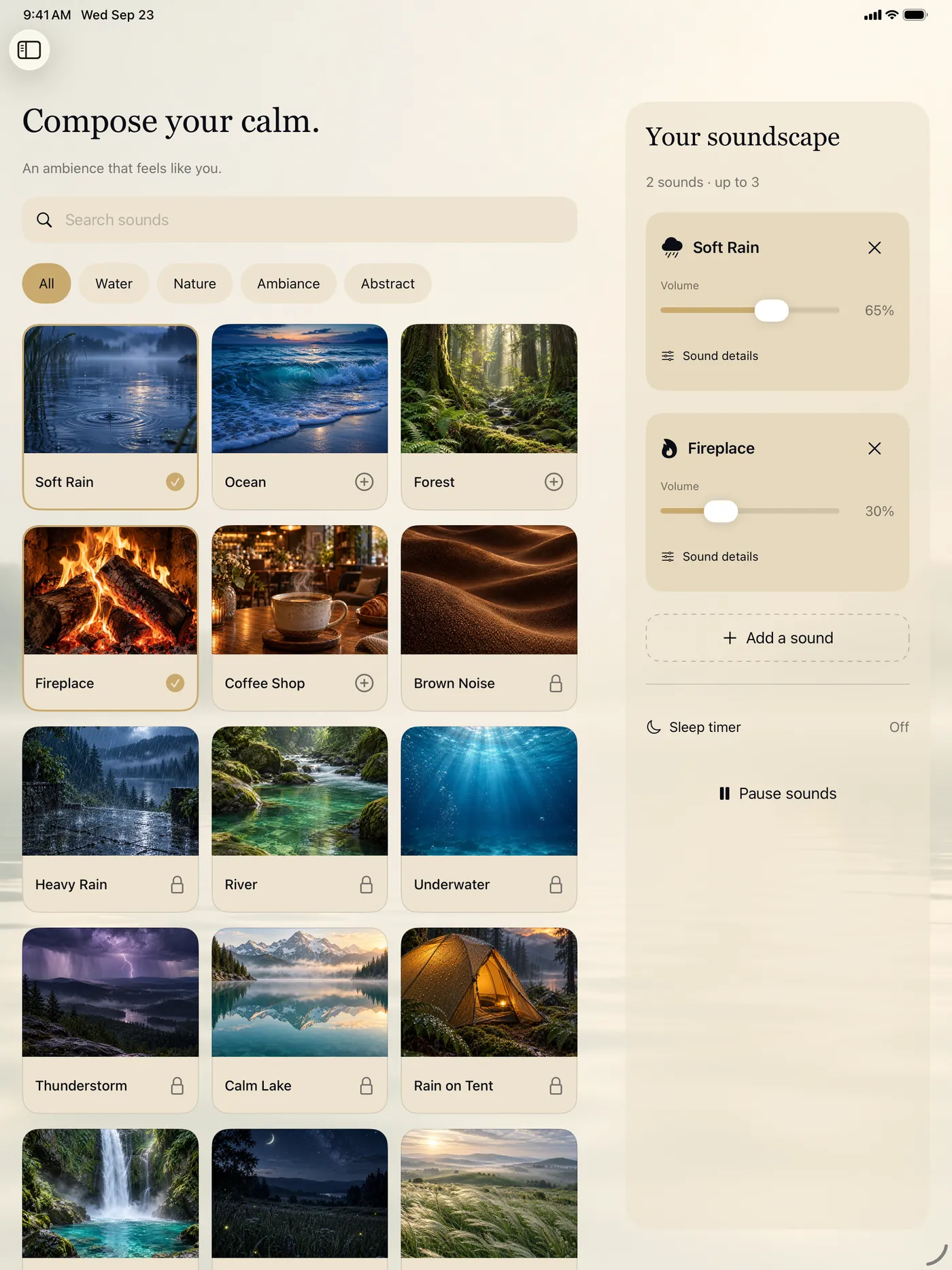 Zenith 2.0 sound studio on iPad, in light mode: a library of illustrated sounds on the left, “Your soundscape” with Gentle rain and Wood fire on the right.