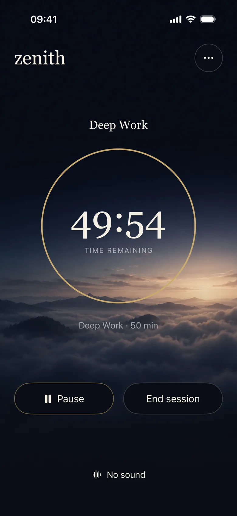 A Deep Work session running in Zenith 2.0: 49 minutes 46 seconds left inside a gold ring, Pause and End buttons.