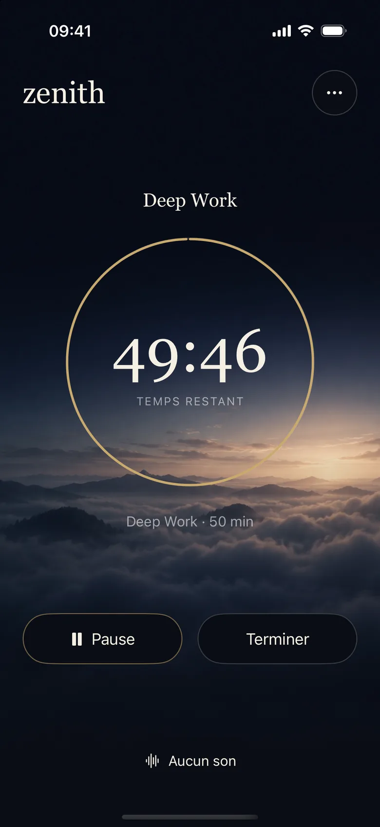 Séance Deep Work en cours dans Zenith 2.0 : 49 minutes 46 restantes dans un anneau doré, boutons Pause et Terminer.