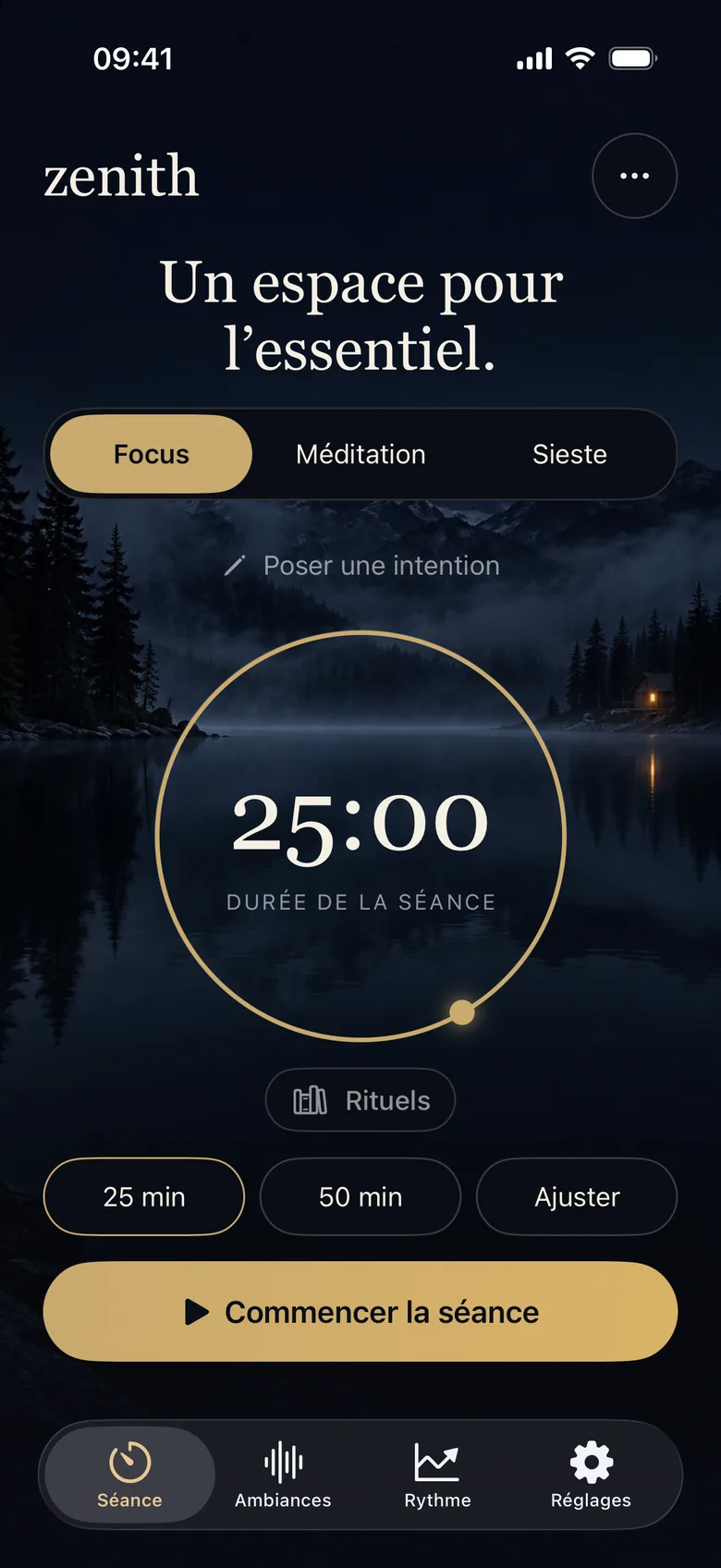 Écran d’accueil de Zenith 2.0 : onglets Focus, Méditation et Sieste, minuteur de 25 minutes, raccourcis 25 et 50 minutes.