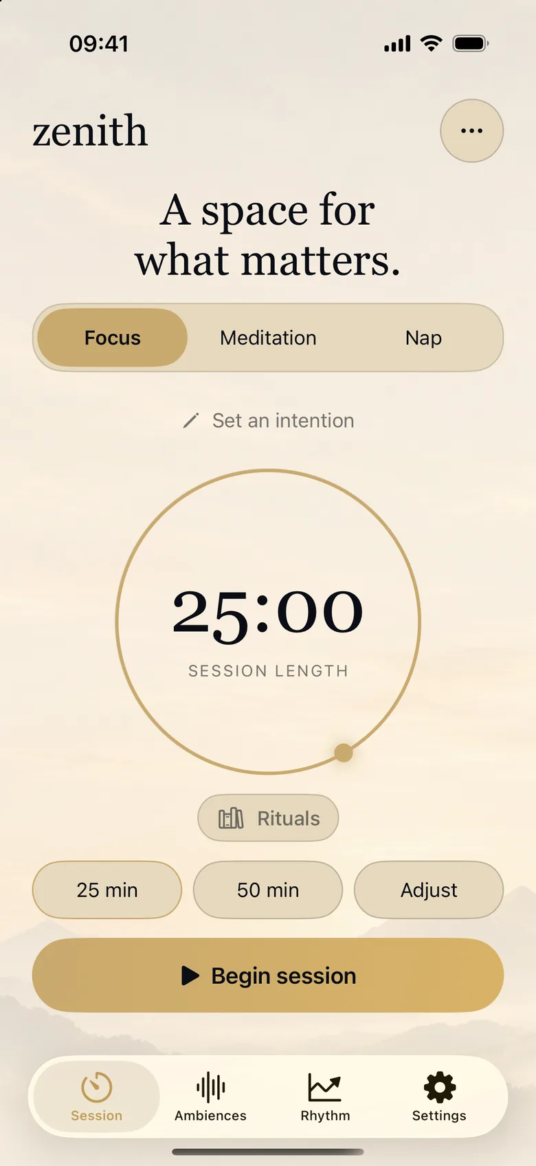 Zenith 2.0 home screen in light mode, on a cream background.