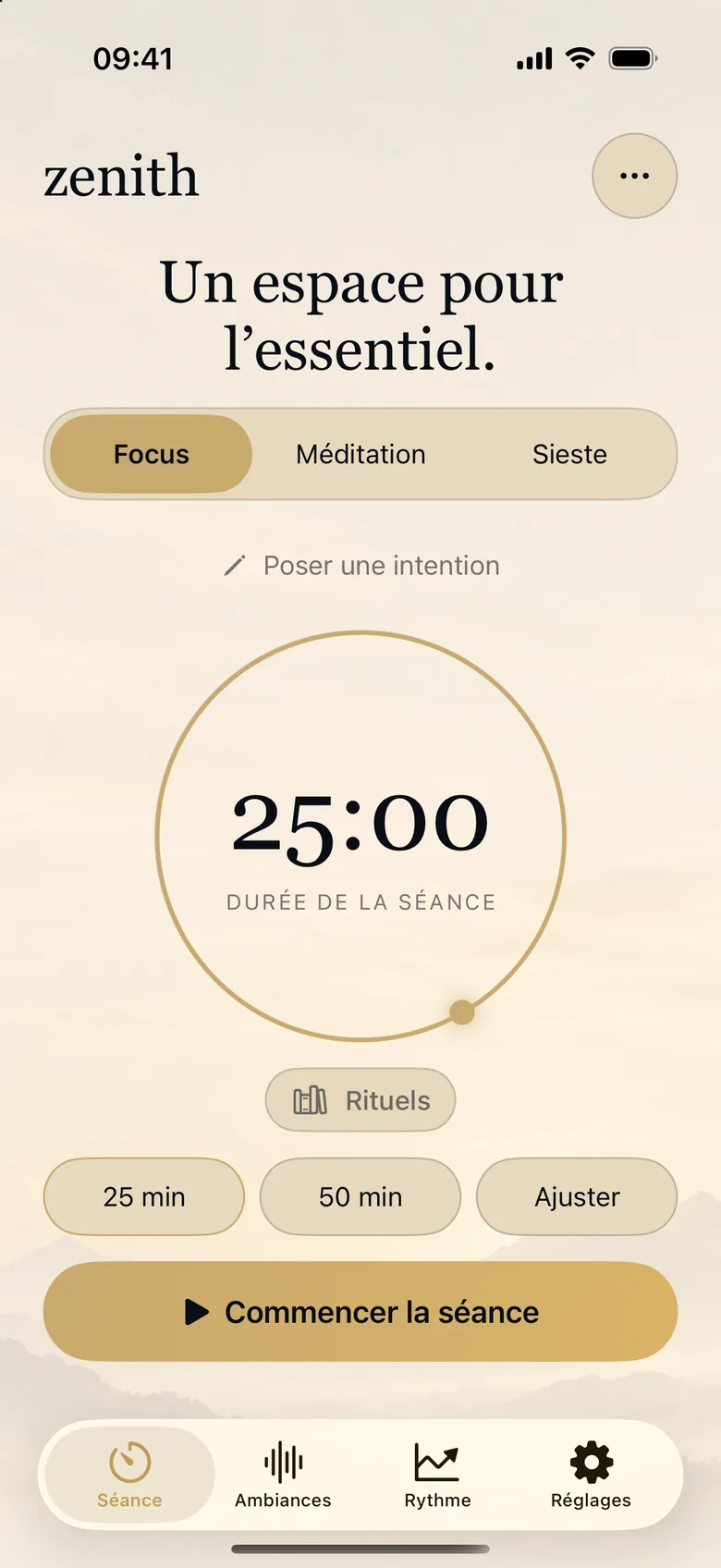 Écran d’accueil de Zenith 2.0 en mode clair, fond crème.