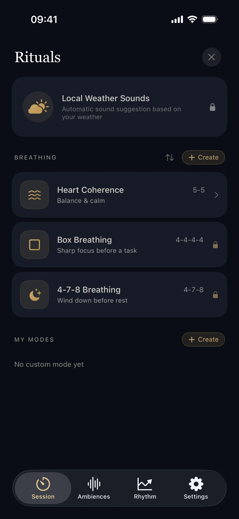 Rituals screen in Zenith 2.0: Local Weather Sounds, then Heart Coherence, Box Breathing and 4-7-8 Breathing.