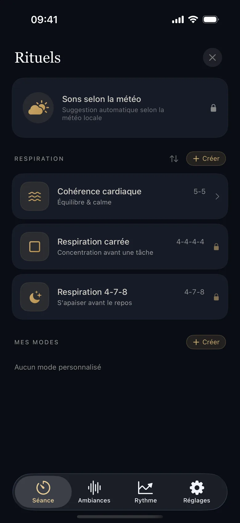 Écran Rituels de Zenith 2.0 : suggestion selon la météo, puis respirations Cohérence cardiaque, Respiration carrée et Respiration 4-7-8.